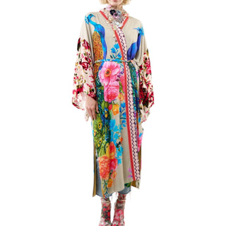 Beige Floral And Peacock Print Kimono