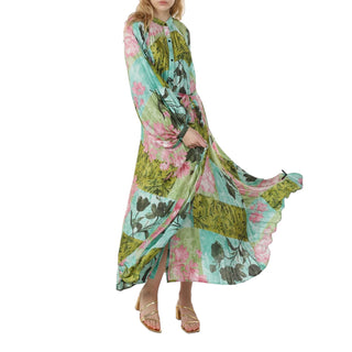 Green Floral Printed Pleated Maxi Dress