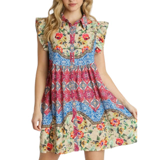 Mixed Print Ruffle Sleeve Dress