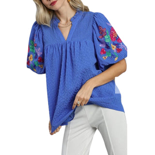 Embroidered Bubble Sleeve Top