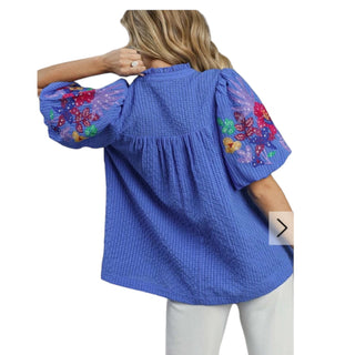 Embroidered Bubble Sleeve Top