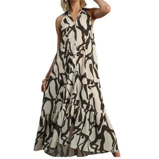 Cream Mix With Black Long Halter Dress