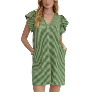 Striped Ruffle Sleeve Transitional Dress