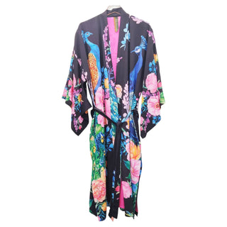 Black Kimono With Floral And Peacock Print